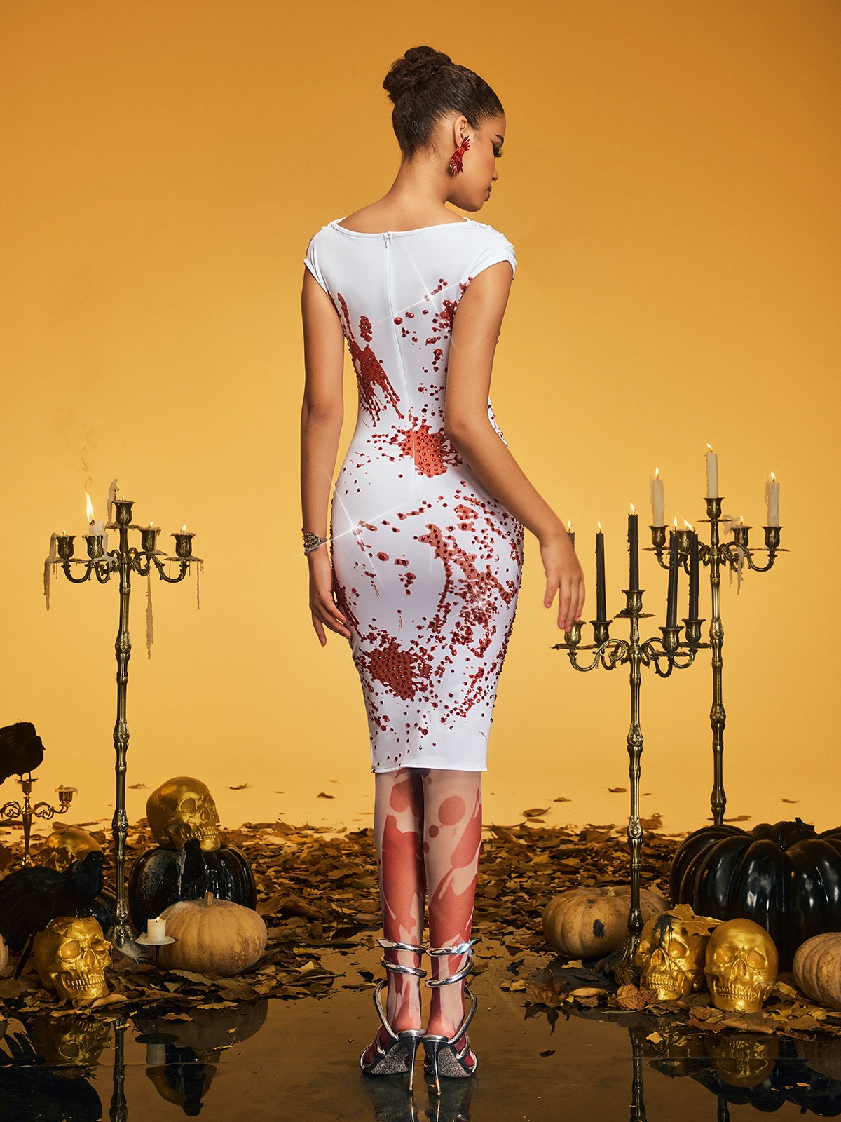 Sleeveless Ruched Sequin Splatter Print Mock Neck Midi Dress