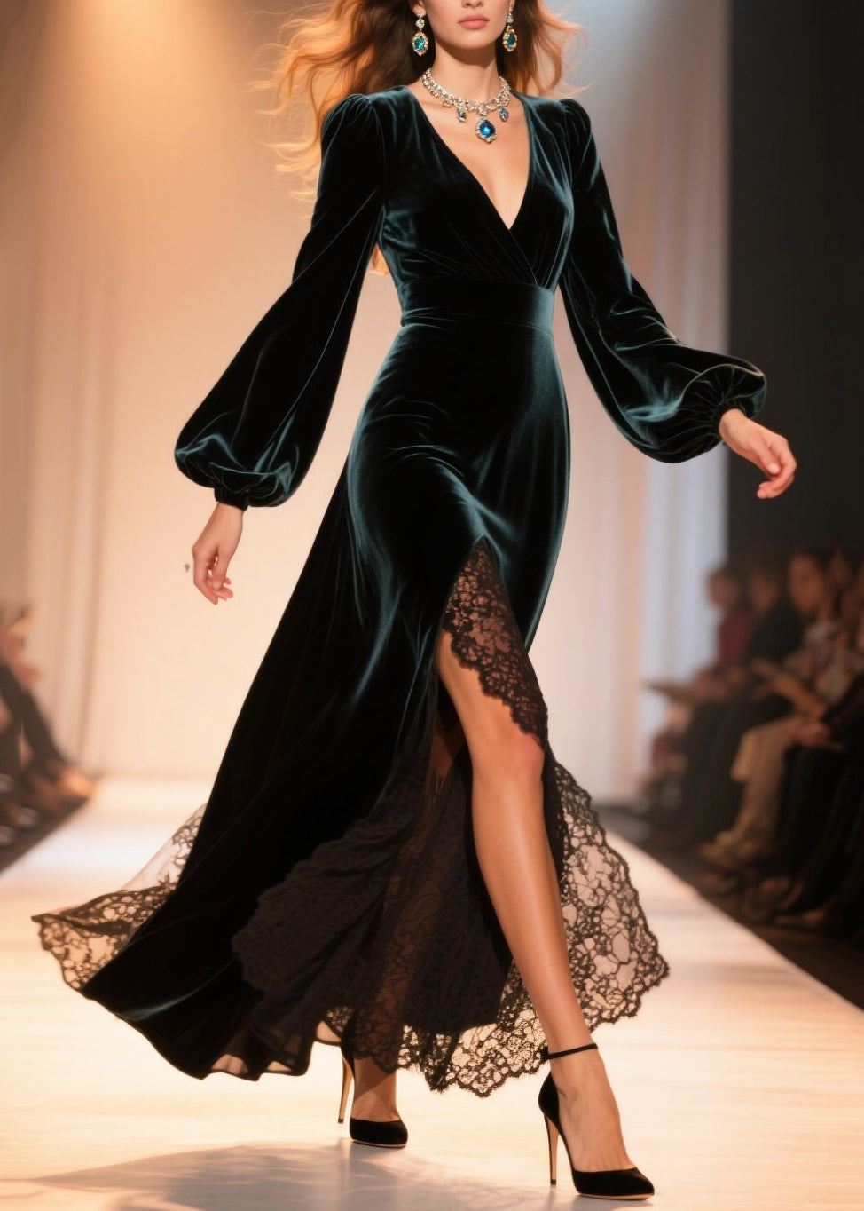 Surplice V-Neck Bishop Sleeve Lace Trim High Slit Velvet Maxi Gown
