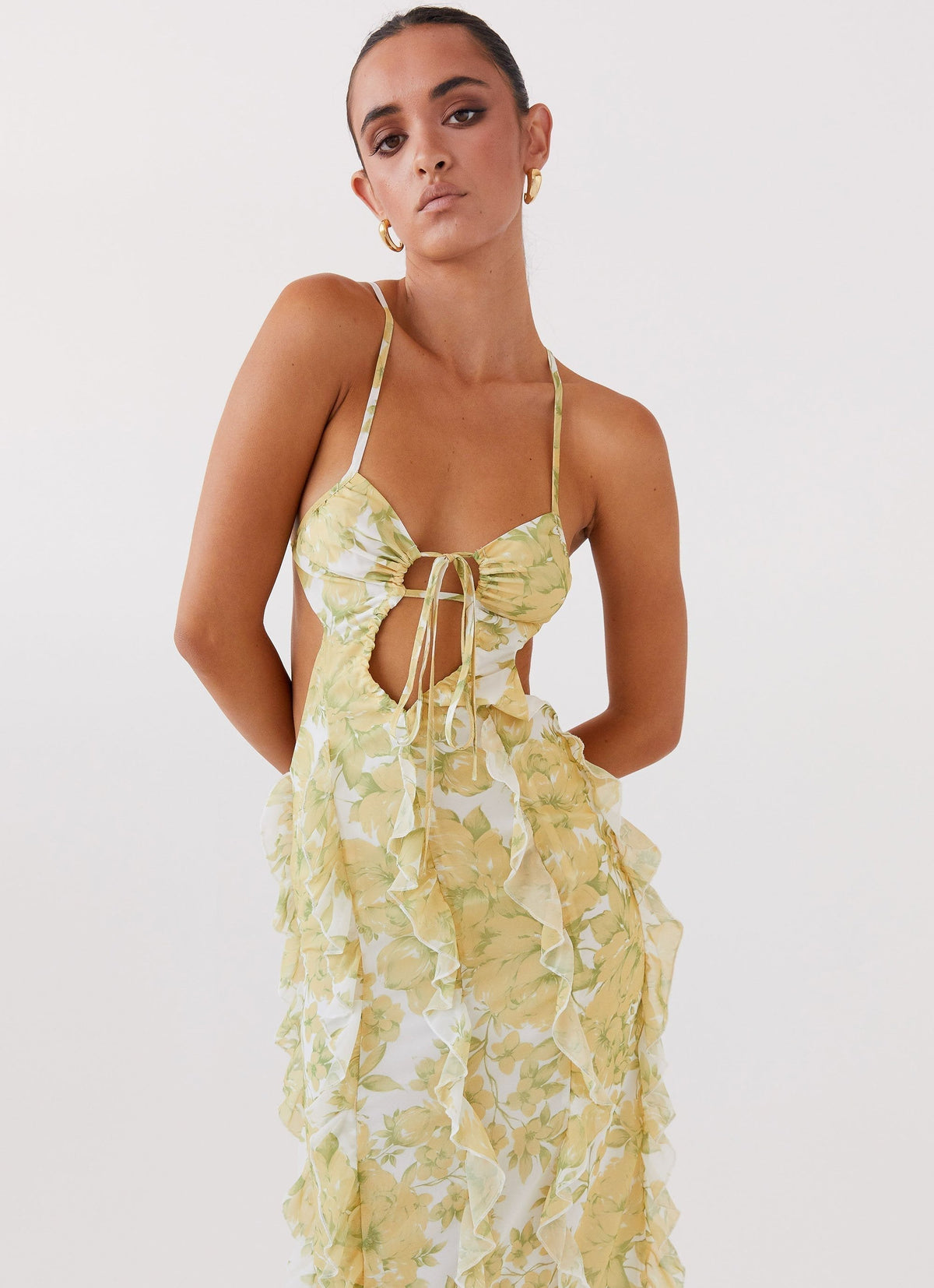 Spaghetti Strap Tiered Ruffle Column Maxi Gown
