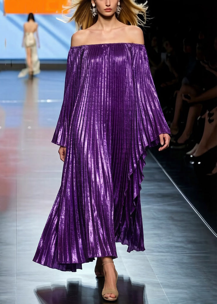 Off-Shoulder Metallic Plisse Accordion Pleat Cape Sleeve Maxi Dress