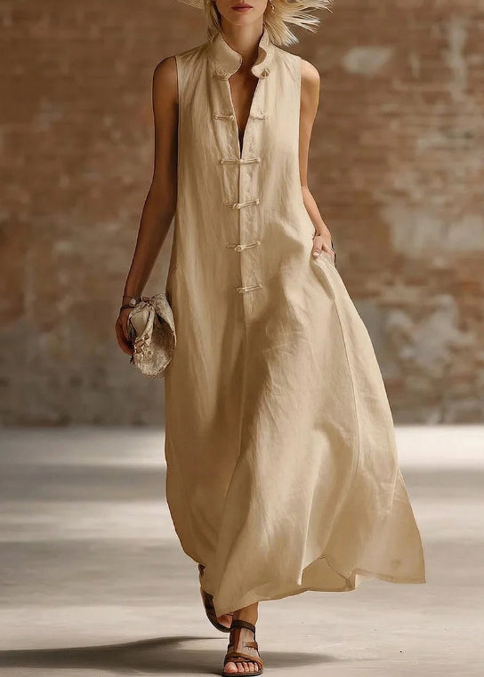 Mandarin Collar Frog Button Pocket V Neck Sleeveless Linen Maxi Dress