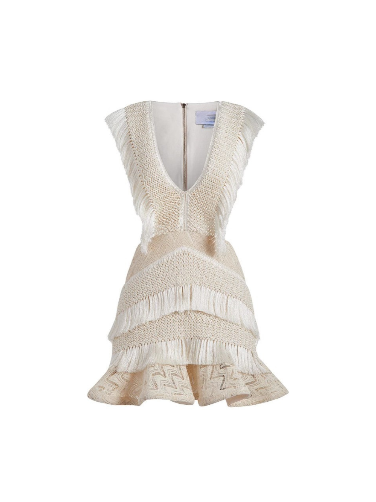 Deep V Neck Fringe Trim Side Cutout Knit Tiered Mini Dress