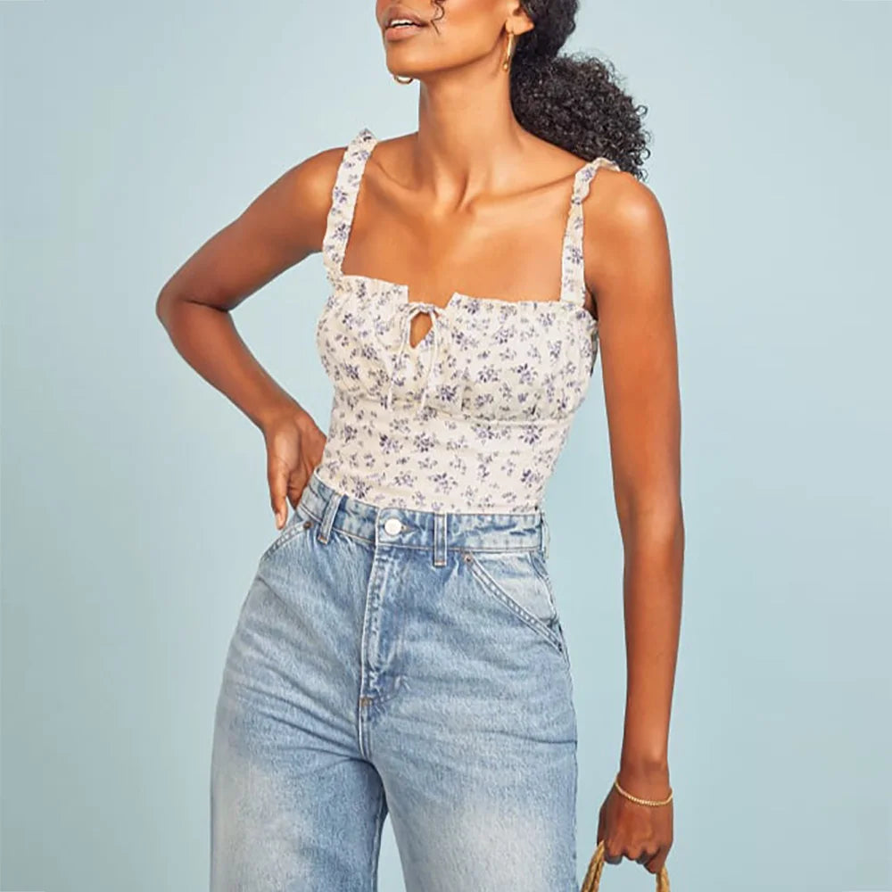 Polka Dot Square Neck Tie Sleeveless Frill Strap Smocked Fitted Sexy Crop Top