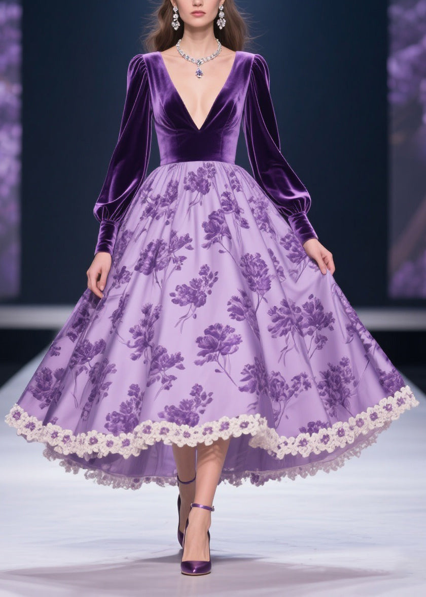 Deep V-Neck Puff Sleeve Floral Print Lace Trim High-Low Velvet Gown