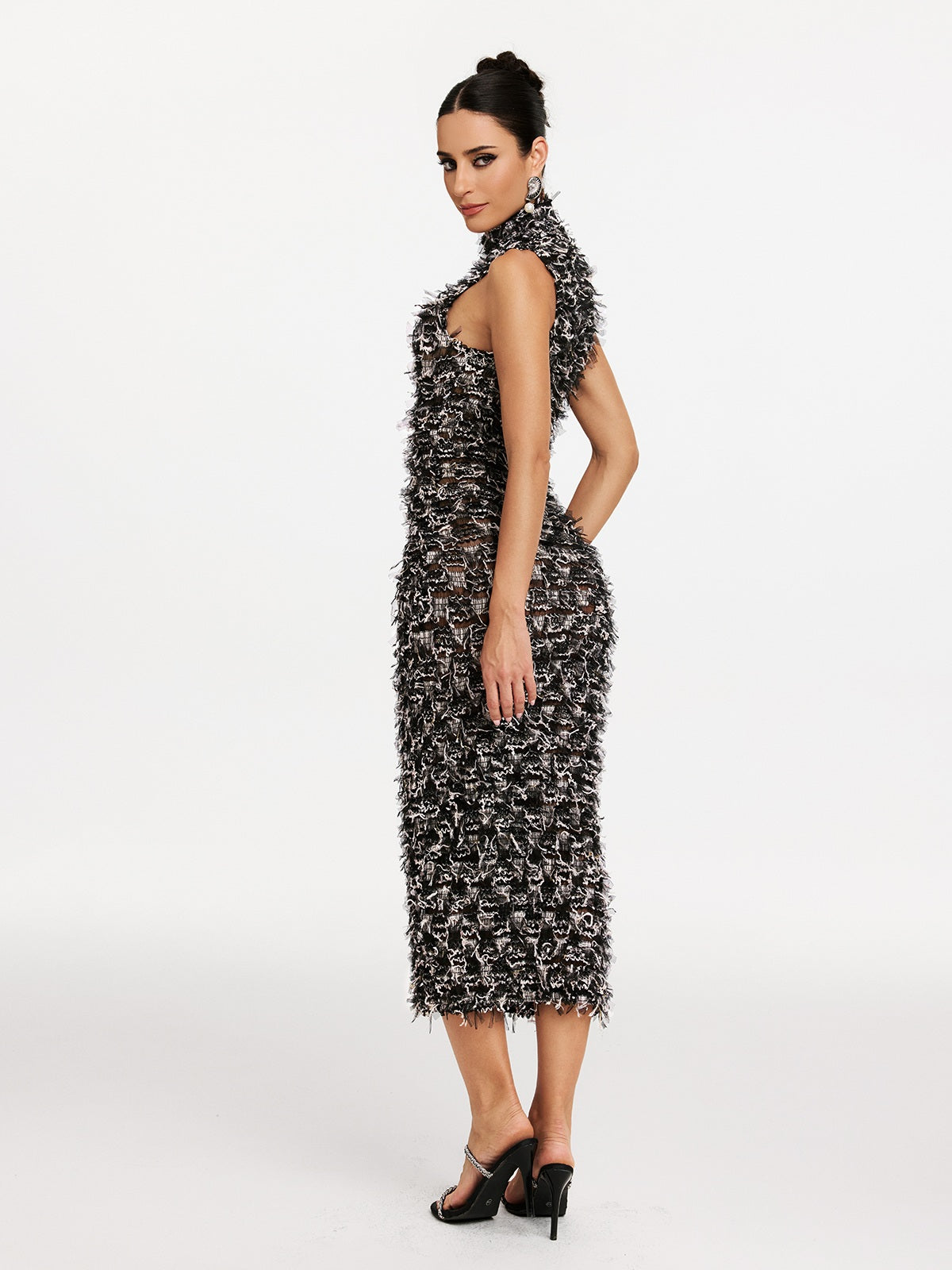 Mock Neck Tiered Fringe Shag Texture Bodycon Midi Dress