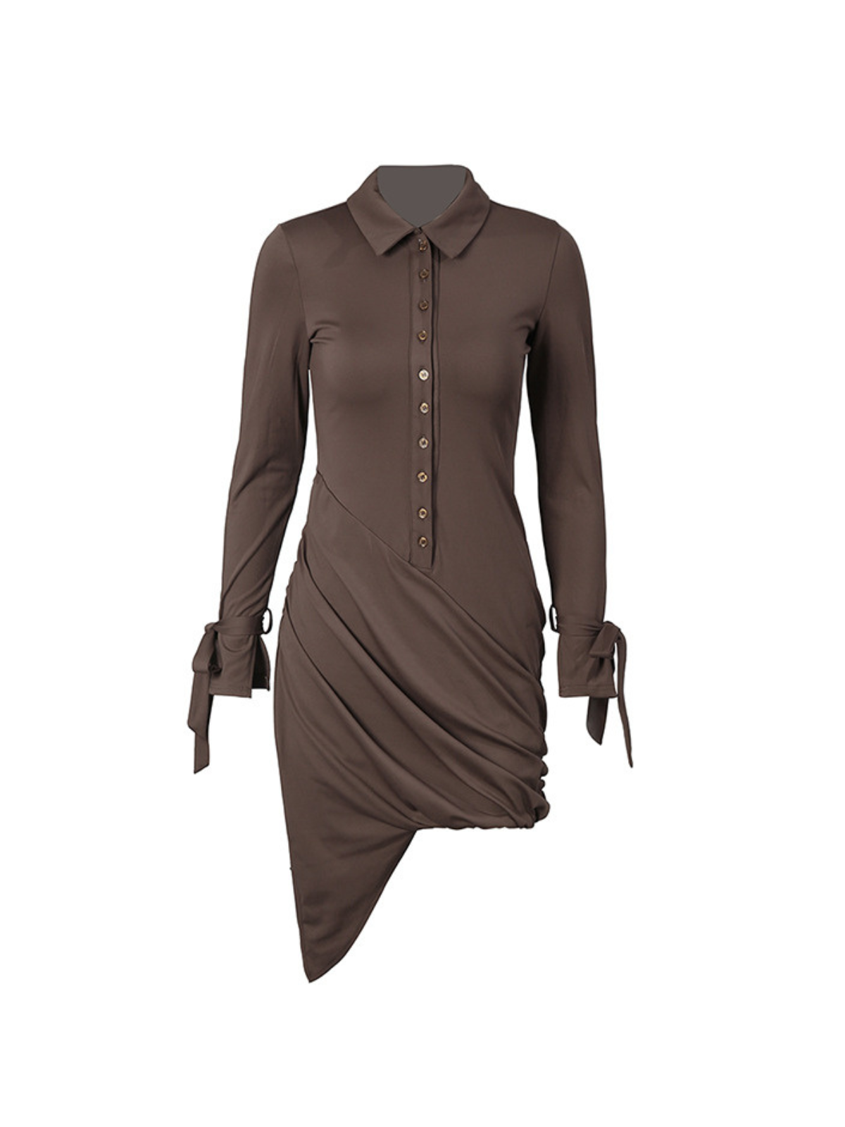 Pointed Collar Tie Cuff Asymmetric Drape Ruched Mini Dress