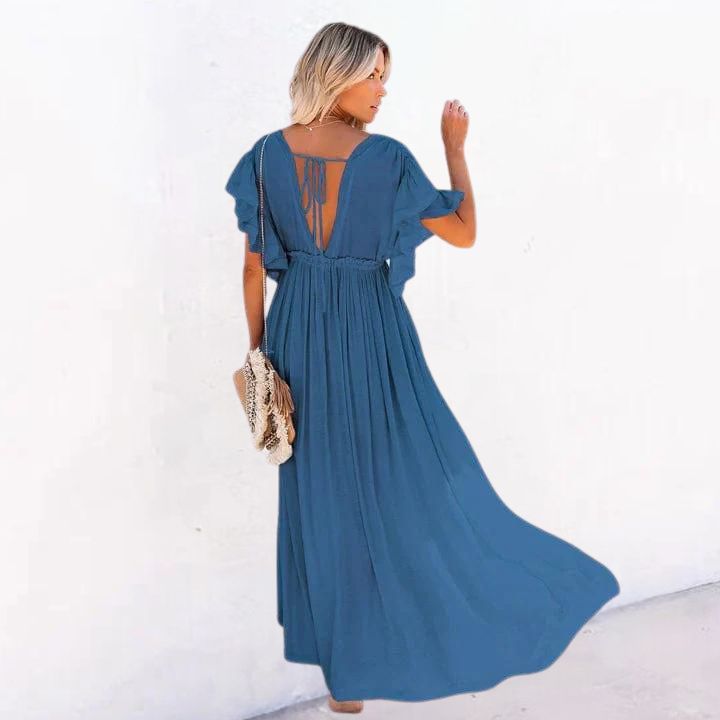 Flutter Sleeve Deep V Button Front Pocket Maxi Dress