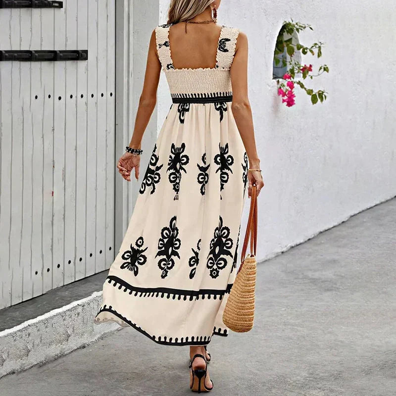 Square Neck Smocked Wide Strap Geometric Print Maxi Dress