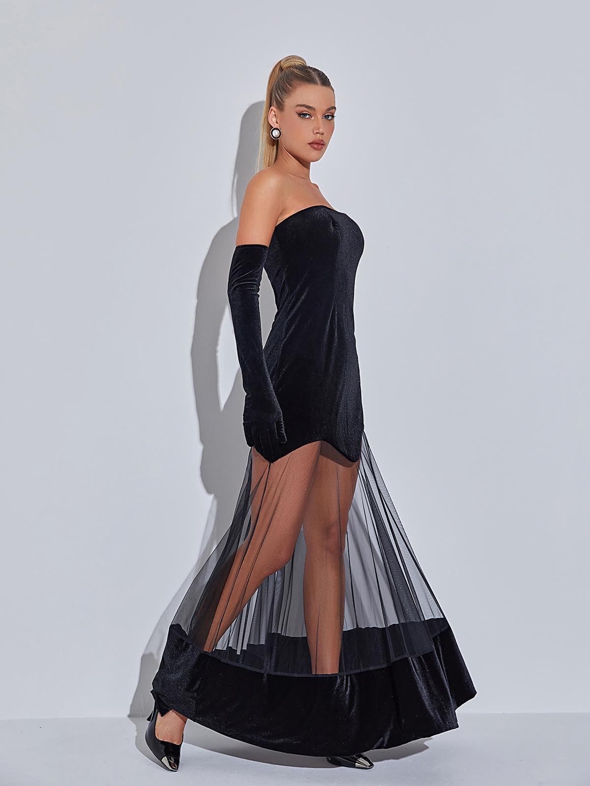 Strapless Velvet Scallop Hem Sheer Mesh Maxi Gown Set