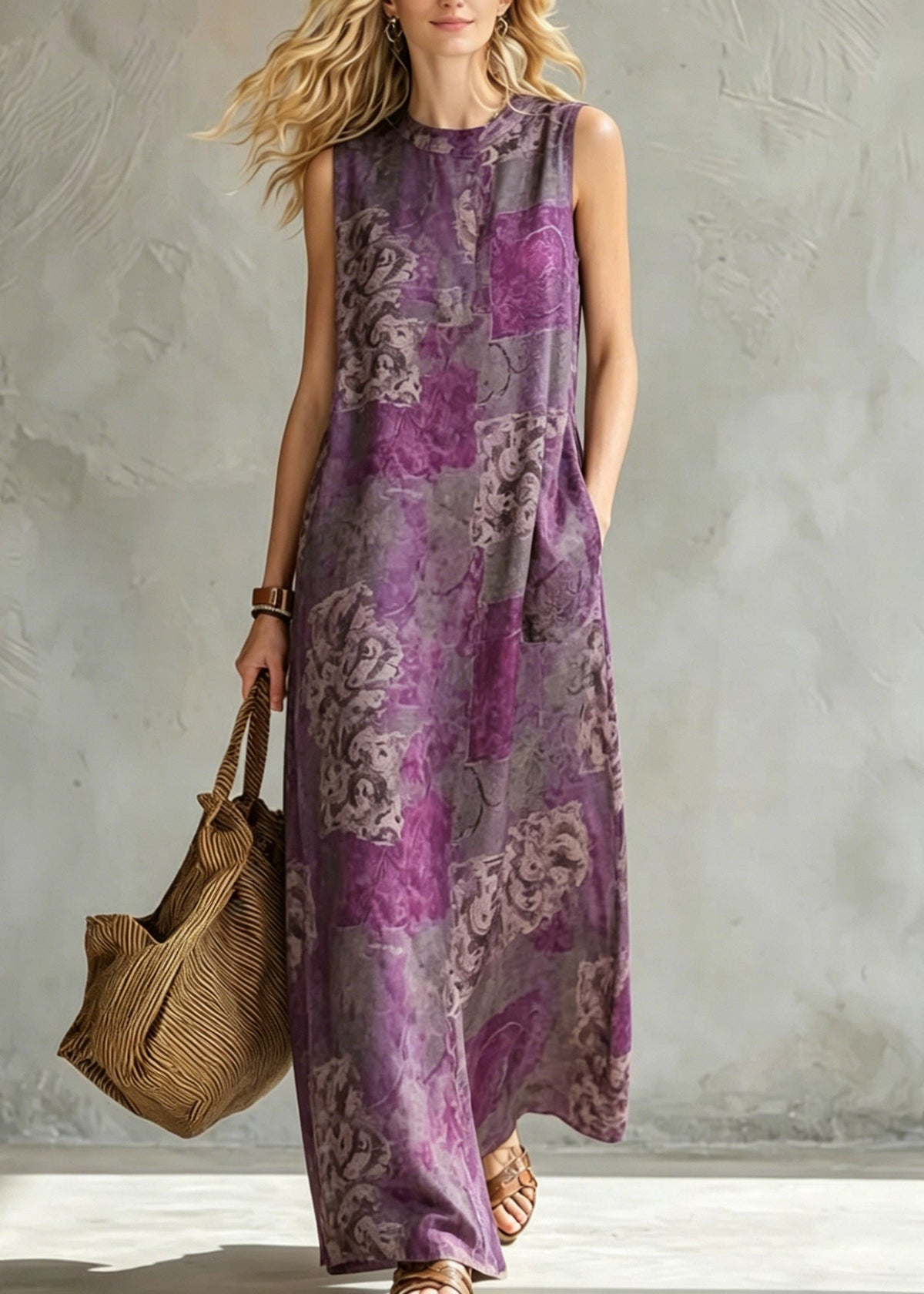 Abstract Collage Print Pocket Detail Sleeveless Maxi Dress