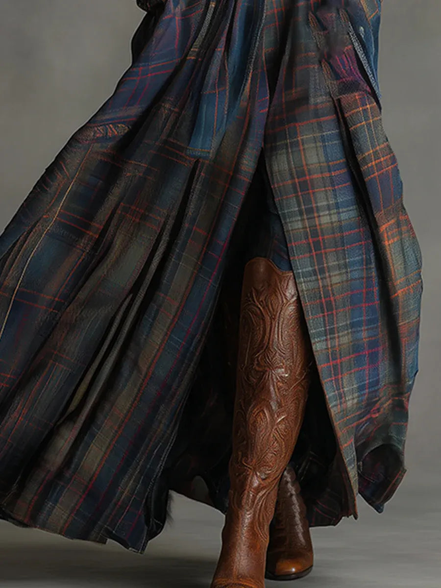 High Collar Button Front Plaid Pleated Maxi Skirt Set