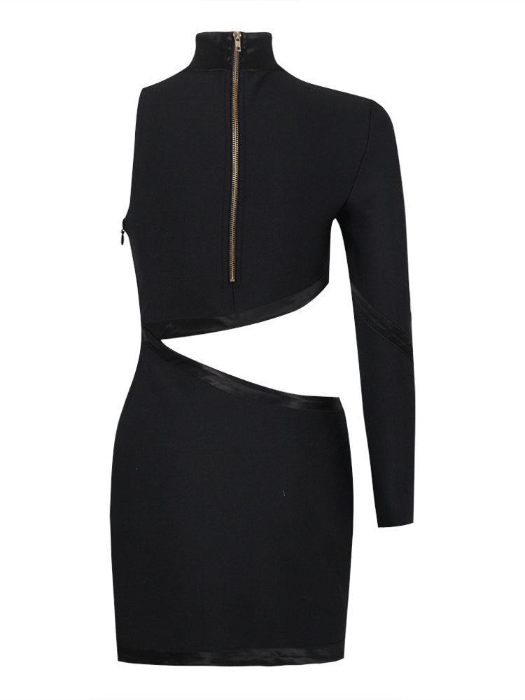 One Sleeve Mock Neck Asymmetric Cutout Satin Trim Bandage Mini Dress