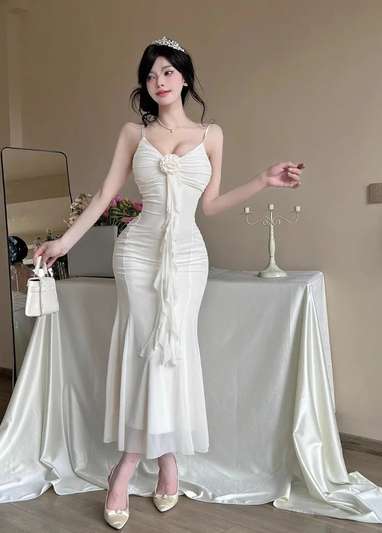 Women Dresses Sleeveless V Neck Ruffles Slim Elegant Backless Ruffles Ribbon Temperament Elegant Dress Sexy Ladies