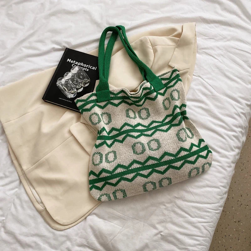 Boho Women Bag Fashion Knitted Handbag Shoulder Bag Japanese Style Woolen Crochet Woven Bag Large Capacity Top Handle Tote Bag