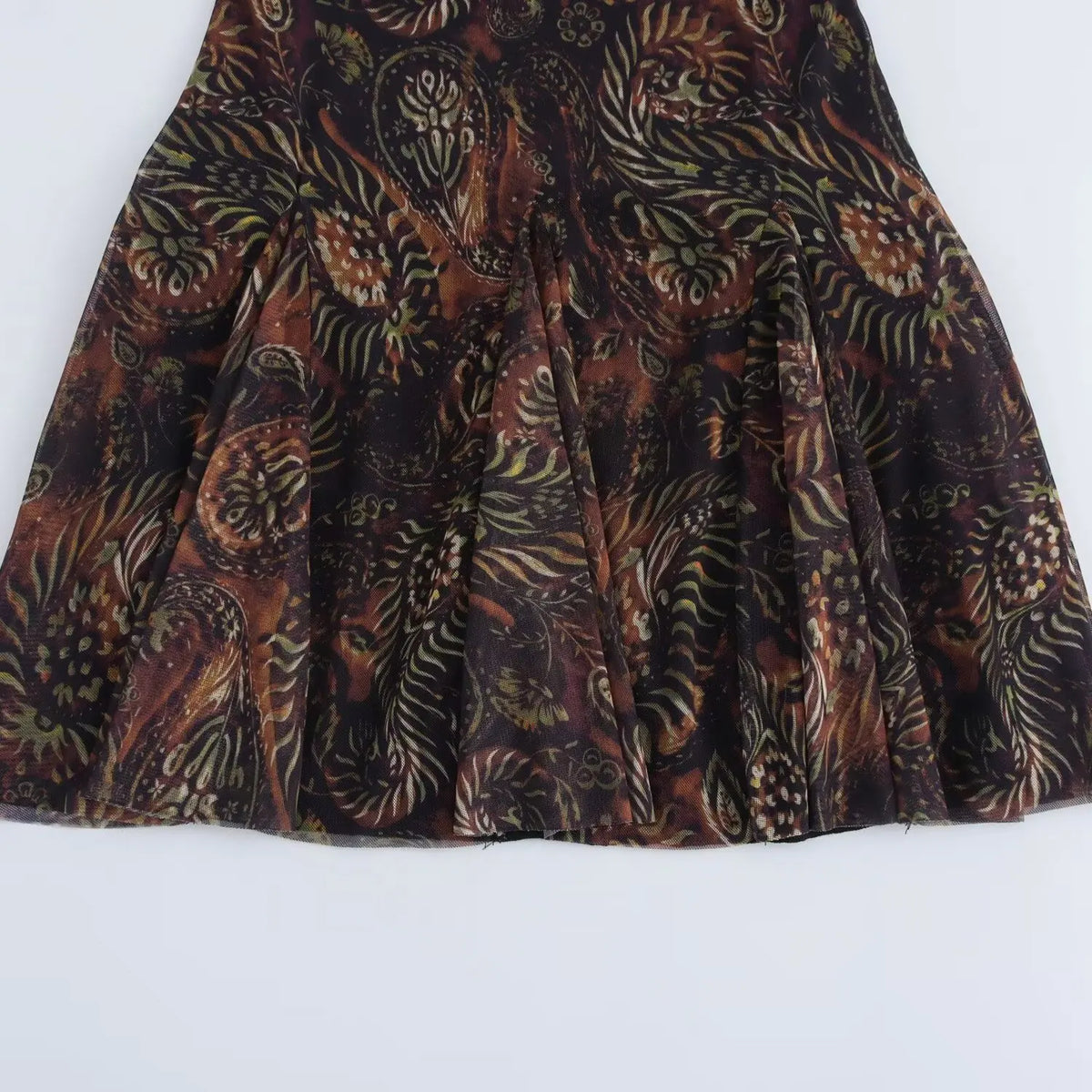 Crew Neck Long Sleeve Paisley Print Pleated Flare Mini Dress
