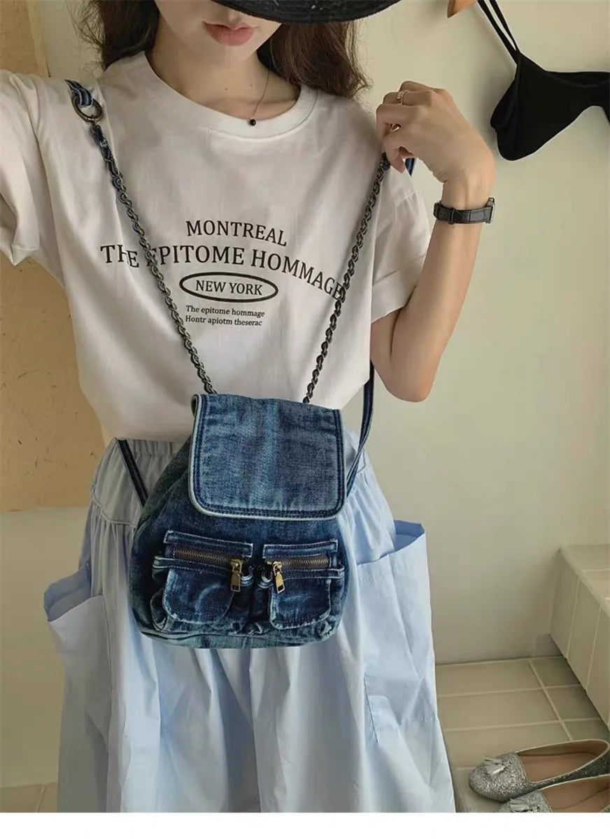 New Retro Washed Denim Backpacks Causal Multifunctional Chain Bag Women's Backpack