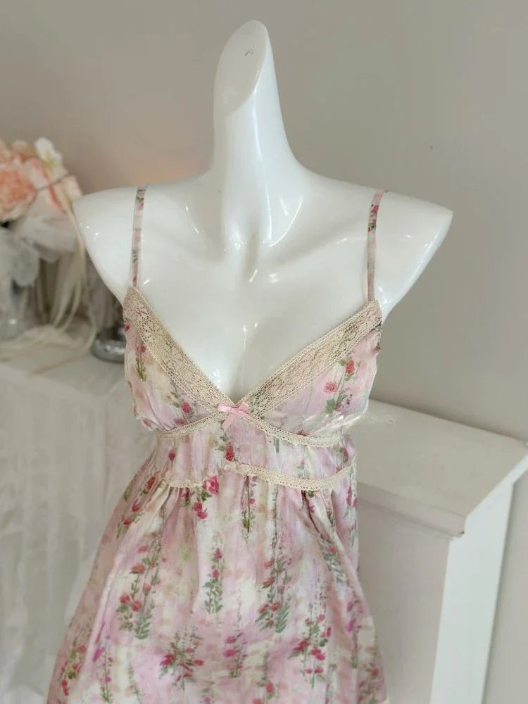 Plus Size Women's Deep V Satin Nightdress Set with Padded Bra Sweet Sexy Printed Lingerie Homewear