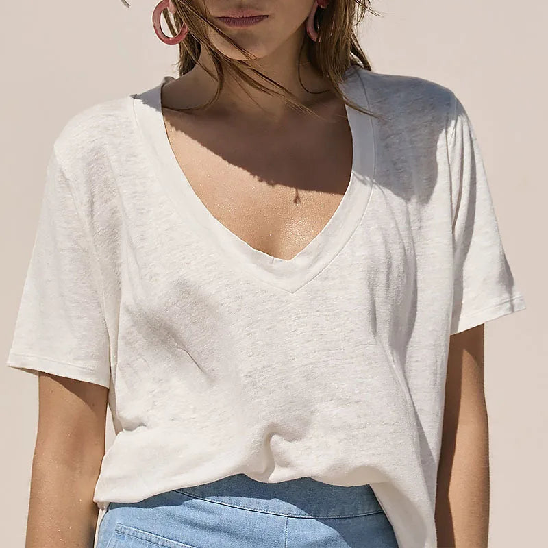 New Fashion Knitted Linen Texture Bamboo Joint Cotton Short-sleeved Loose for Women Deep V-neck Design T-shirt Top 2026 Summer