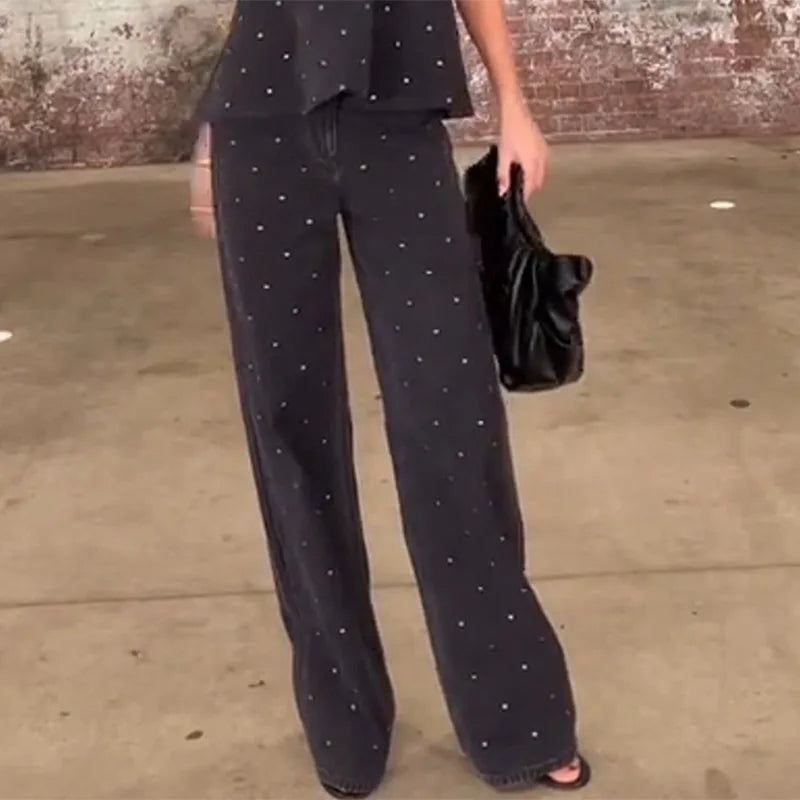 Nail Polka Dot Strapless Top Pants Women Set Off Shoulder Baggy Slimming Commute Blouse Vest Straight Leg Trousers Formal Attire