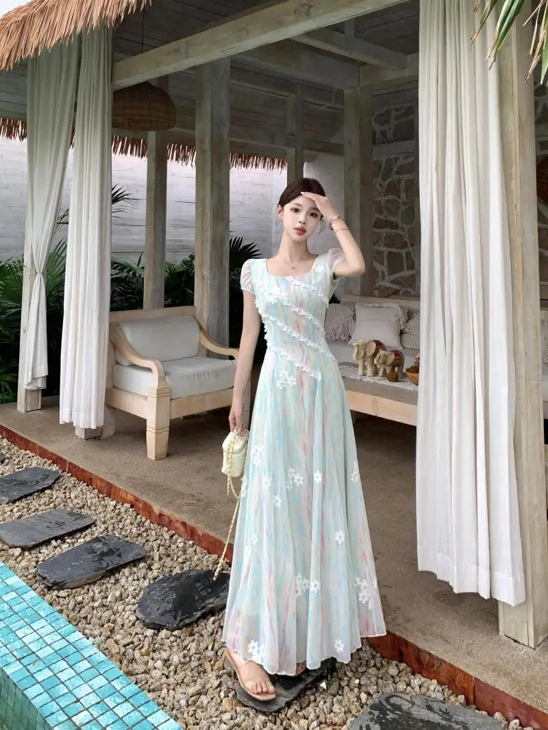 French High-Grade Sweet Dress Women's New Summer Fashion Chic Print Slim Medium Length Pear Shape Evening Dresses
