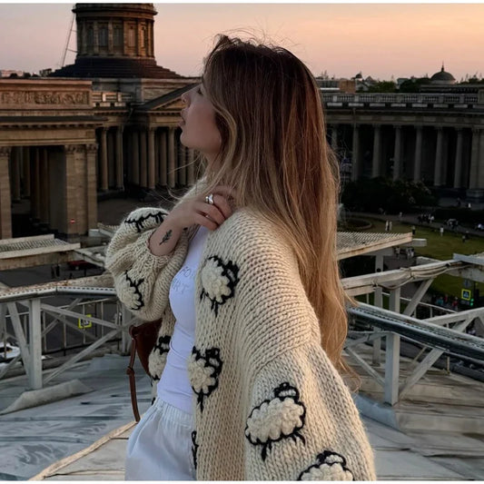 Cozy Embroidery Print Women Cardigan Casual Long Sleeve V-neck Patchwork Female Knitwear 2025 Autumn Elegant Lady Outwear