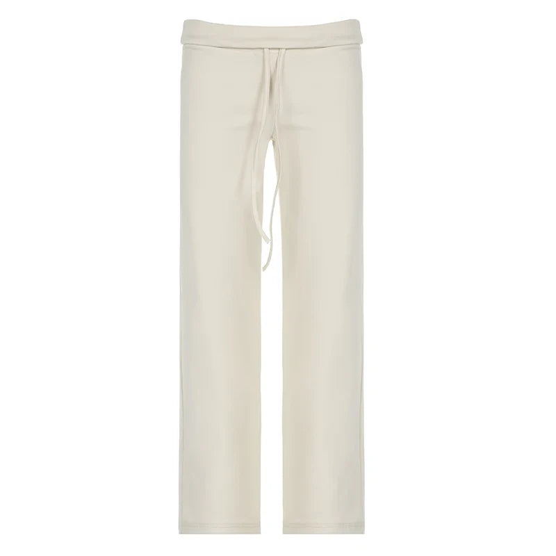 Drawstring Solid Women Slacks Turndown Waist Straight Casual Pants Concise Knitted Sweatpants All-matched Trousers Home