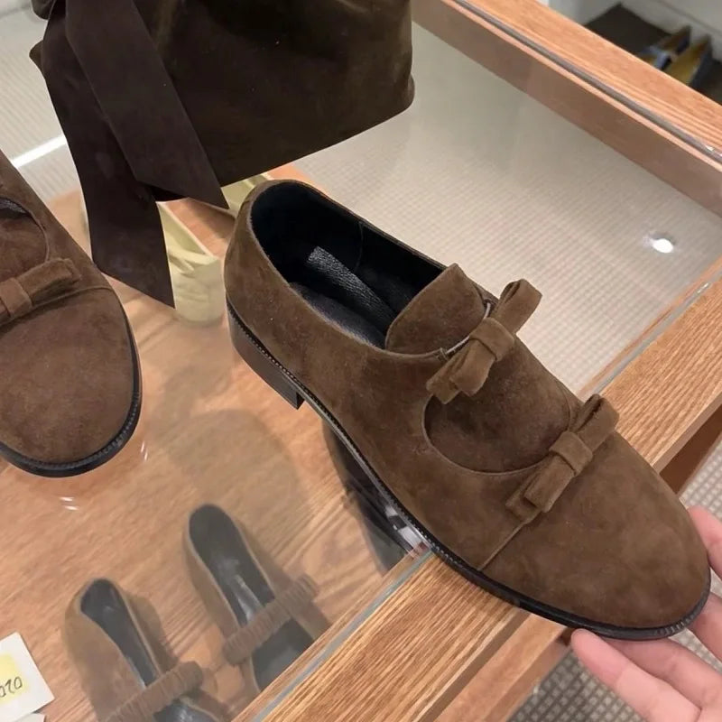 NEW Brand Women Platform bow Loafers Designer Suede Shoes Casual Sneaker Mid Heels 2025 Trend Square Toe Leather Winter Zapatos