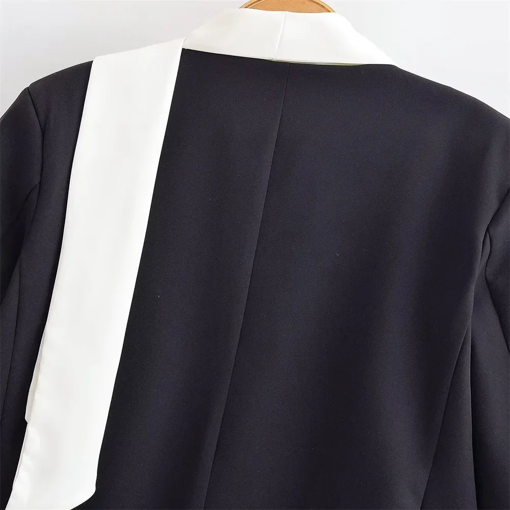 Fashion Scarf Blazers jacket Female Elegant Long Sleeve Patchwork Commute Pocket Outwear Women's Contrast Suit jacket 2026
