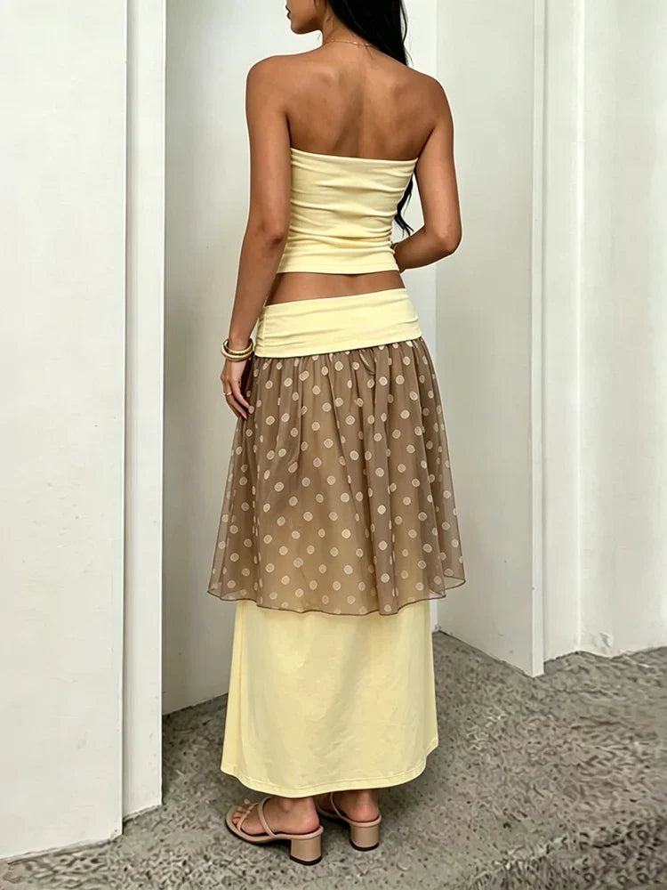 Fashion Elegant 2 Piece Set Women Sexy Trend Ruched Tank Tops+Polka Dot Print Mesh Patchwork Skirts Party Street Suit