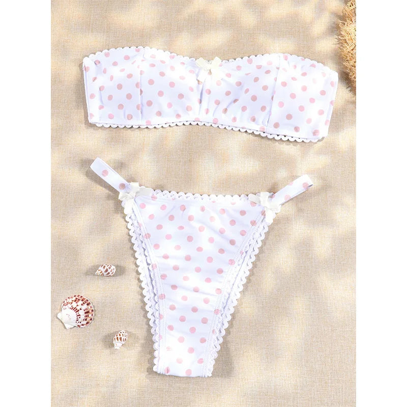 Solid Bikini Set Bow Swimsuit Sexy Swimwear Women Low Waist Bikinis Off Shoulder Swimsuits Two Piece Suit Biuqini Beach Wear