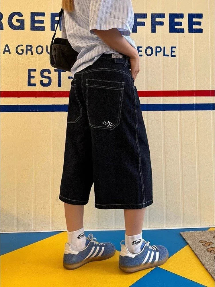 Denim Shorts Women High Waisted Harajuku Vintage Baggy Do Old Belt Straight Wide Leg Jeans Y2k Causal Half Pants Summer