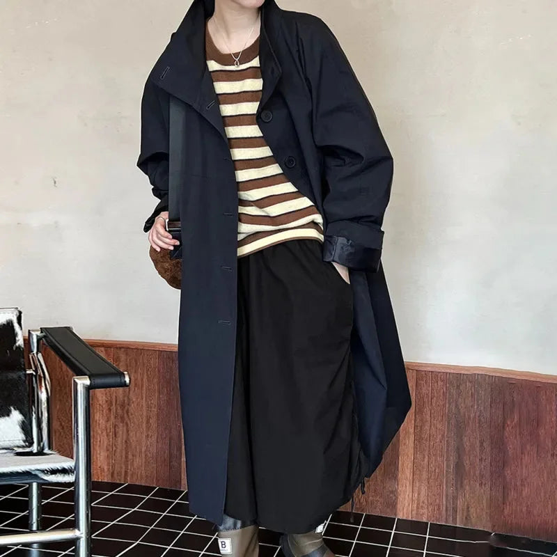 TAIVIMART - Solid Loose Casual Cotton Long Trench Coat Women 2024 Autumn Stand Collar Long Sleeve Patchwork Single Breasted Fashion Jacket