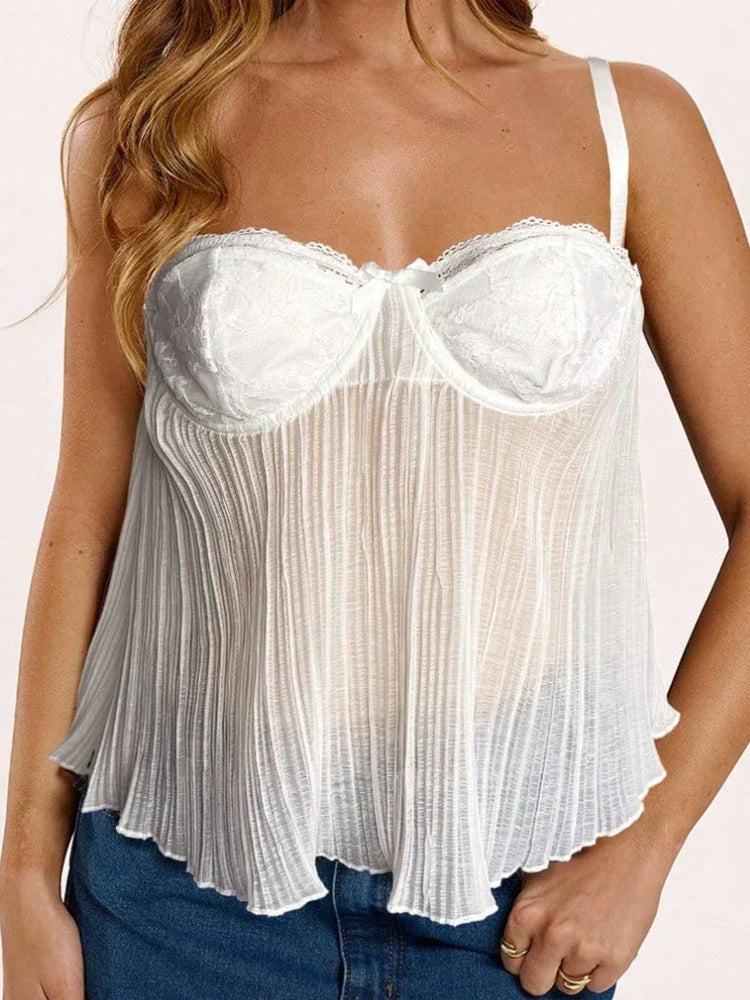 New Summer Beach Tops Sexy Lace Patchwork Gauze Sling Vest Women Chic Sleeveless Off-shoulder See Through Loose Top Lady