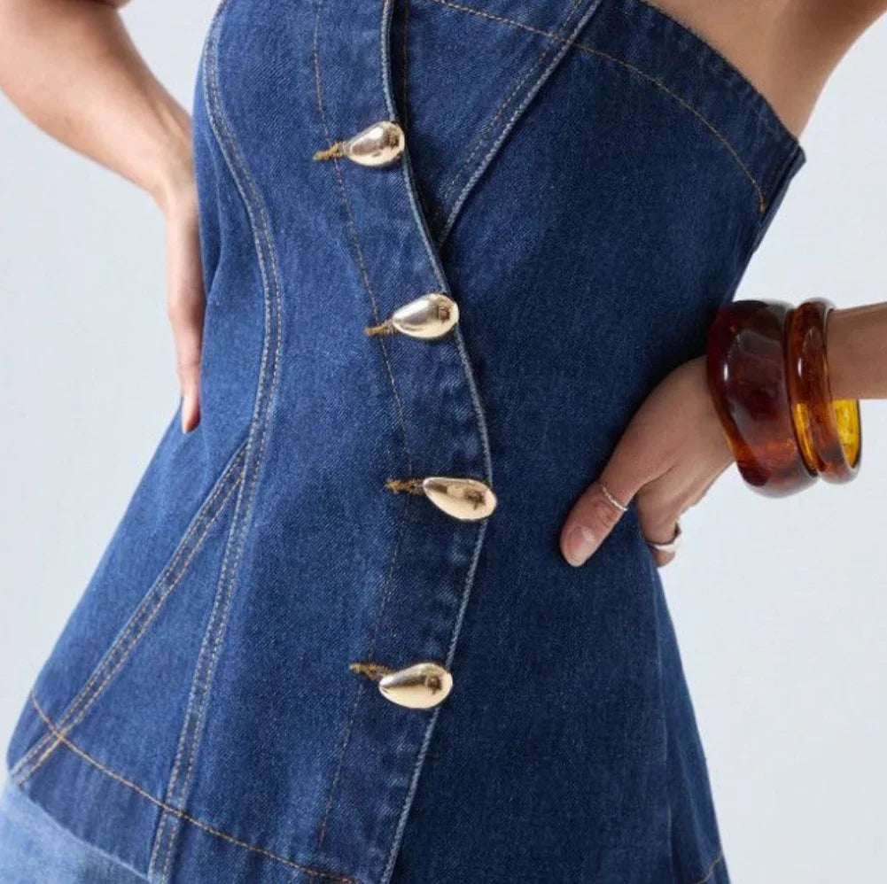 Spicy Girl Backless Denim Strapless Summer New Fashion Waist Cinching Short Sleeveless Chest Wrapped Top