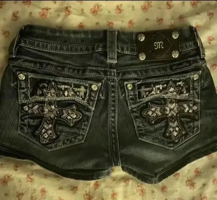 Retro Gothic Personalized Pocket Cross Pattern Embroidered Low Waist Mini Shorts y2k Street Beach Hot Girl Sexy Cowboy Shorts