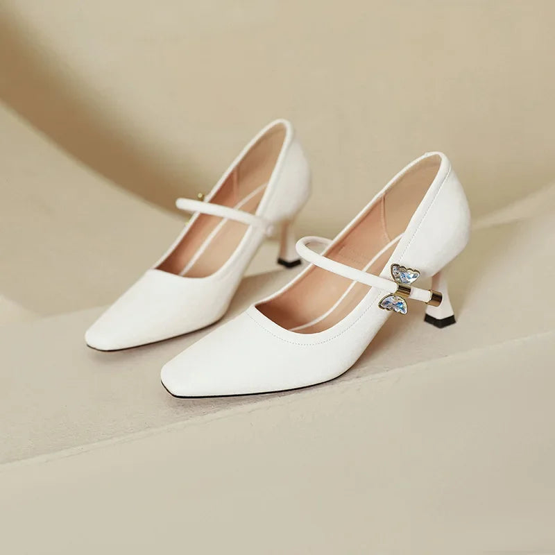 Fashion Elegant High Heels for Women Square Toe Thin Heels Office Shoes Fashion Shallow Diamond Bow Mary Jane Shoes Women Pumps