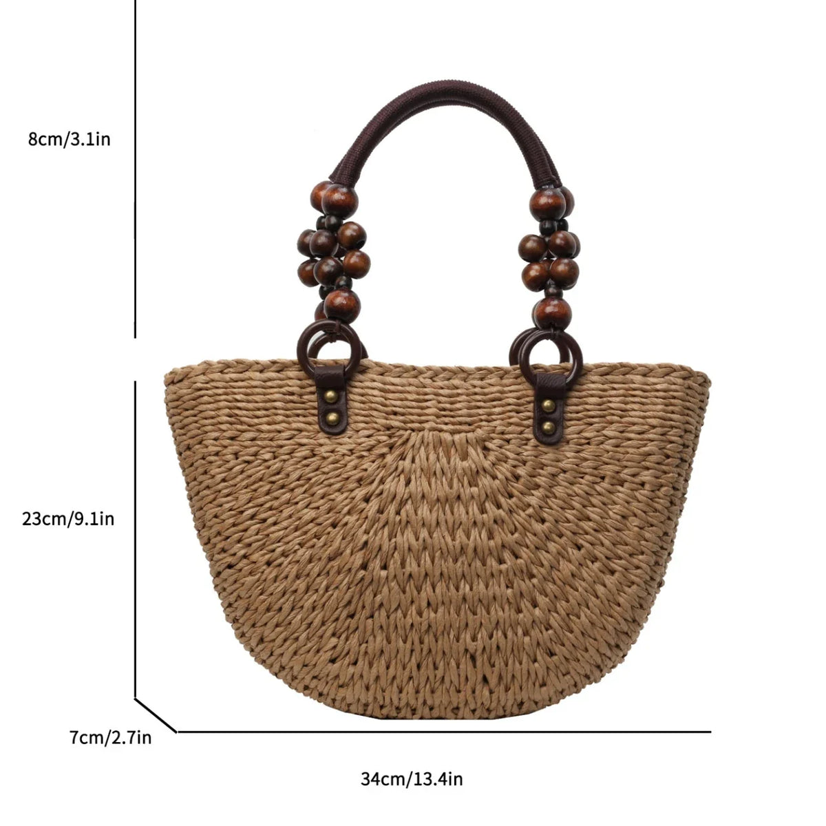 Khaki Straw Bag For Women Half Moon Design Beach Shoulder Bag With Short Handle Tote Summer Travel Handbag Fashion Handmade Bag