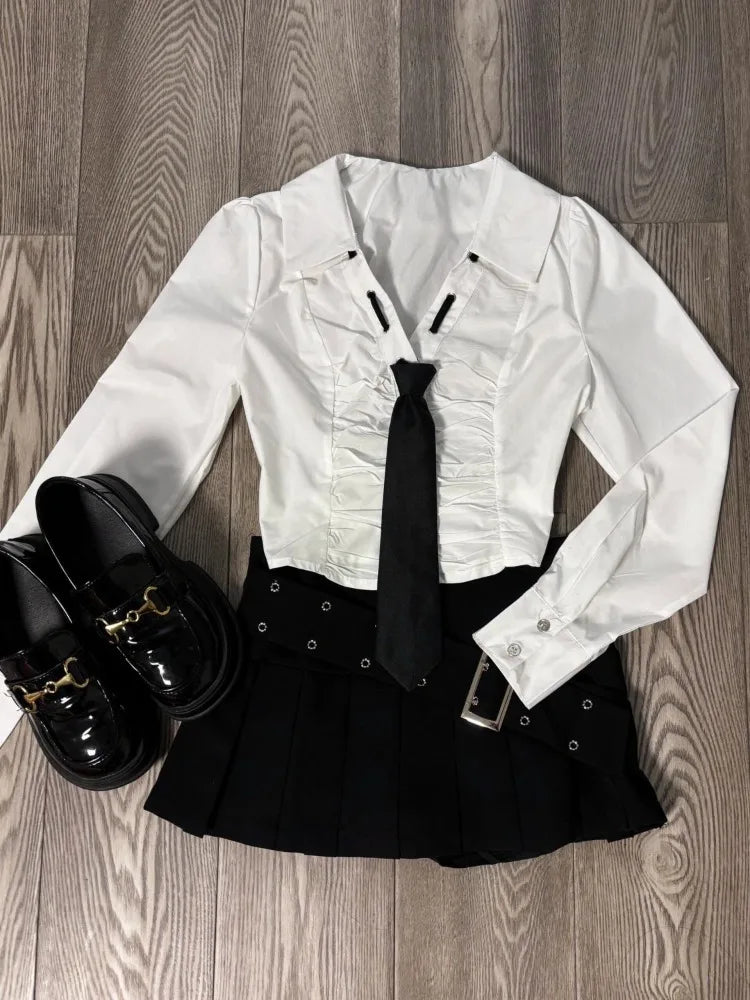 Simple V-neck Slim Fit Long Sleeve White Shirts Women+ Y2k High Waist Ruched Black Skirts Summer New Two Piece Sets