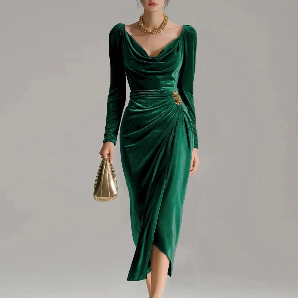 Women Elegant Metal Buckle Ruched Asymmetrical Velvet Dress Sexy Swinging Collar Full Sleeve Bodycon Slit Party Long Robe