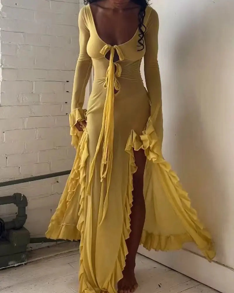 Deep U-Neck Tie Front Bell Cuff Ruffle Slit Maxi Dress