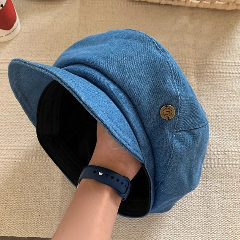 Japanese Retro Denim Berets Cap for Women Spring and Summer New Travel Casual Versatile Show Face Small Cloud Newsboy Hats