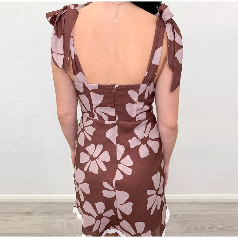 Sexy Printed V-neck Short Dresses Women Lace Up Sleeveless Backless Sling Wave Dress 2024 Summer A-line Lady Mini Party Vestidos