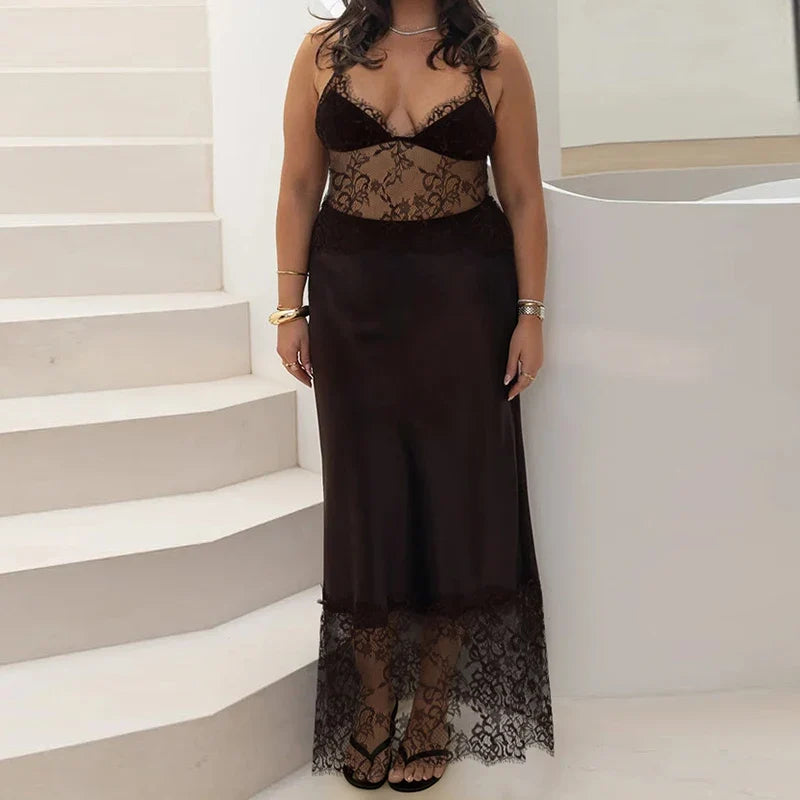 Women Elegant Lace Patchwork Dress Satin Spaghetti Strap Deep V Neck Cami Dress Sexy Cocktail Party Maxi Dress