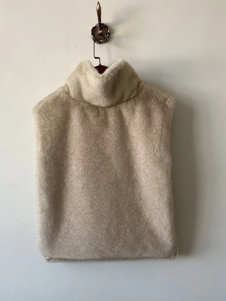 Cool Winter Women Artificial Fur Vest Turtleneck Sleeveless Pullover Female Mink Fur Jacket Instagram-Style Lady Eco Fur Outwear