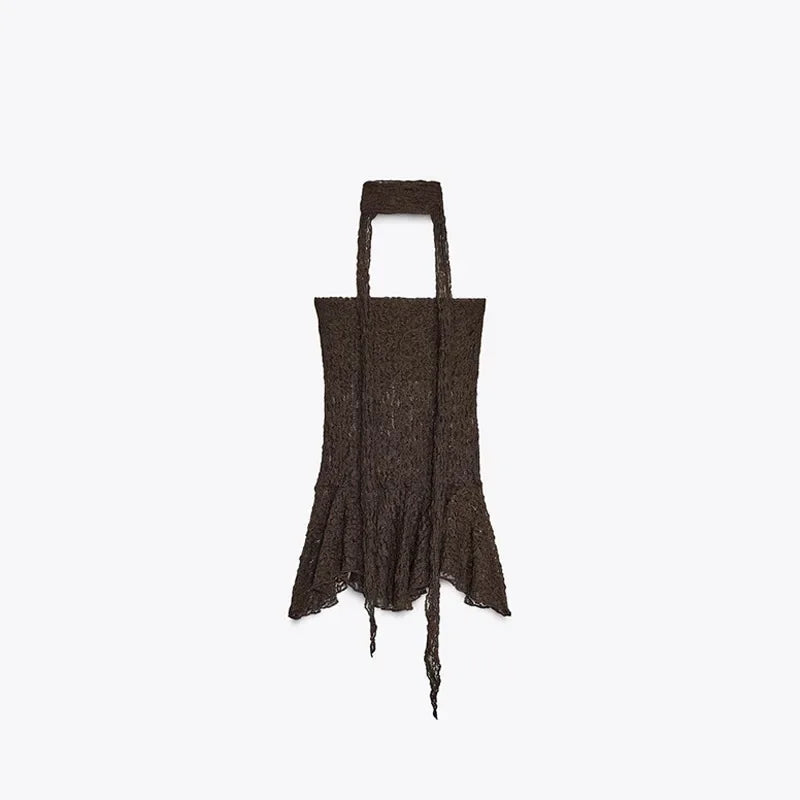 Sexy Lace See Through Pant Set Women Brown Strapless Sleeveless Scarf Tank Flare Long Trousers 2025 Summer Lady Slim Outfits