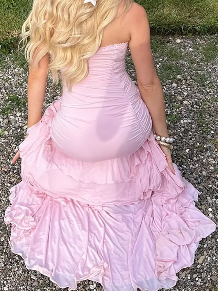 2024 Fashion Layered Ruffles Hem Beaded Long Dress Elegant Sexy Backless Slim Split Dresses Summer Lady Evening Party Vestidos