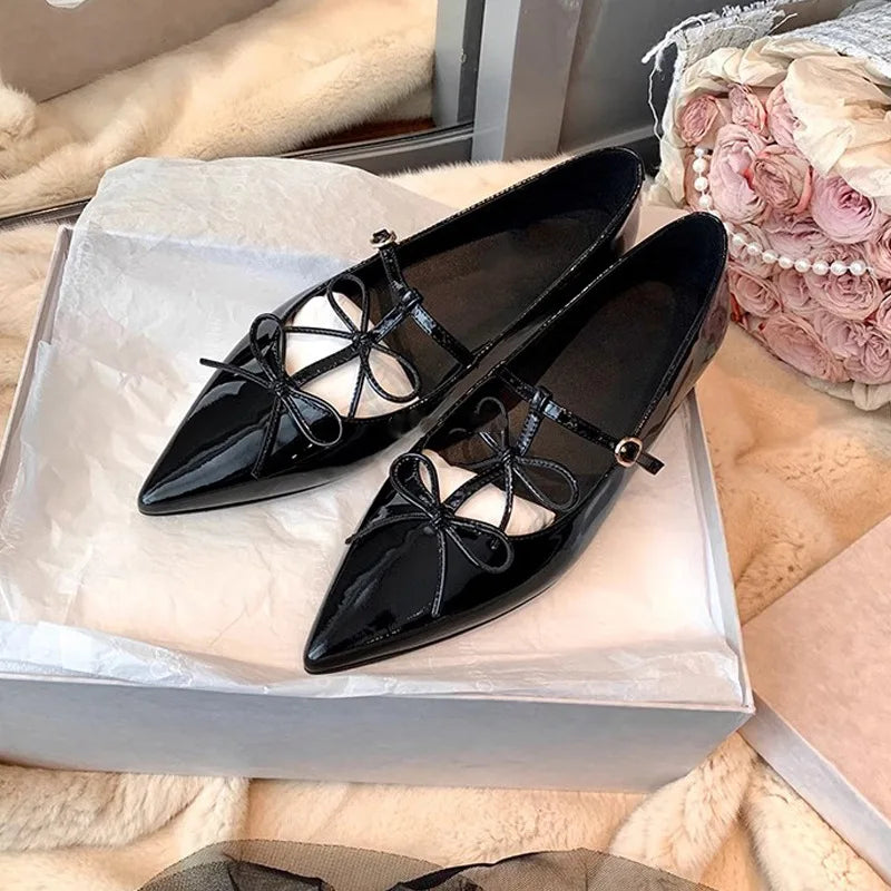 T-strap Pointed Toe Flats Shoes Women Bowtie Buckle Strap PU Leather Elegant Red Mary Janes Shoes Ladies Party Black Pumps 2025