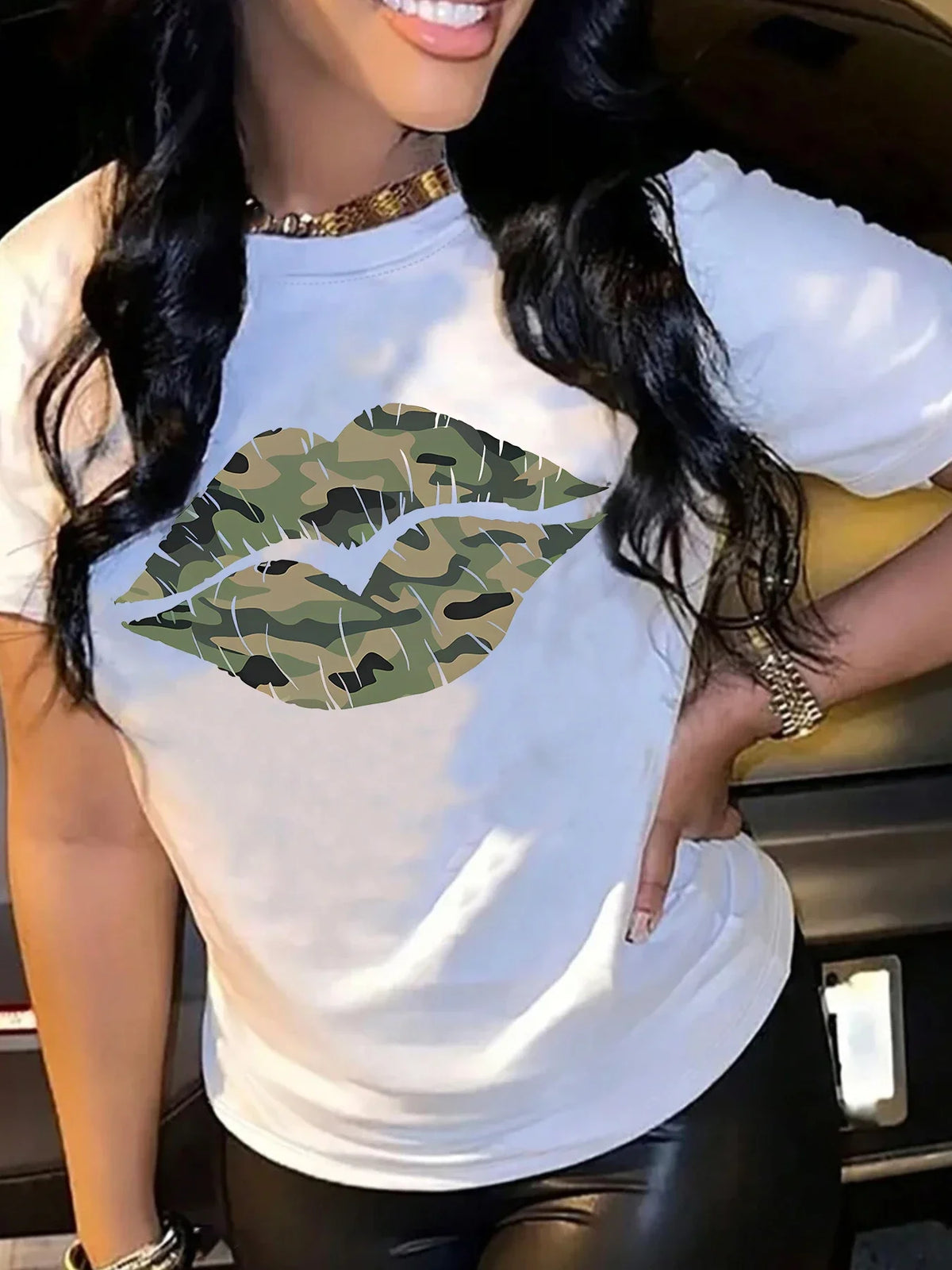 Lips Pattern Casual Green T-shirt