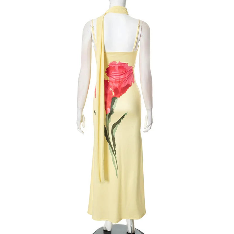 Cowl Neck Asymmetrical Strap Large Floral Graphic Spaghetti Strap Maxi Dress