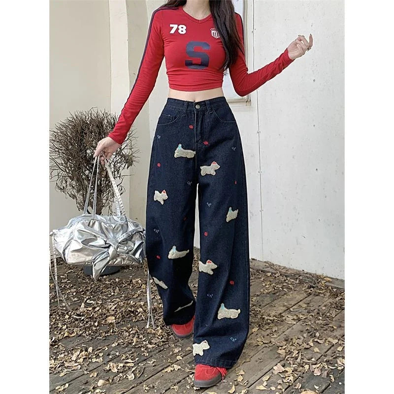 Women's Dog Embroidery Pattern Wide Leg Jeans Vintage Streetwear Cool Girl High Waist Baggy Pants Female Casual Denim Trousers